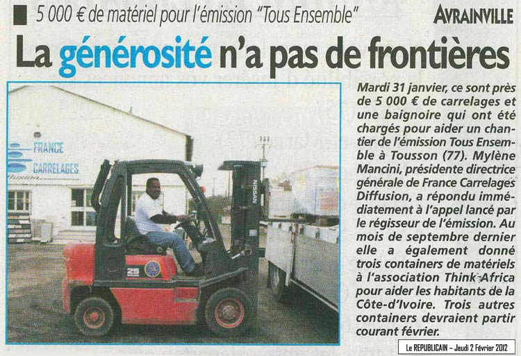 Article du Républicain édition Essonne (91) relatant la participation de France Carrelages Diffusion à l'émission Tous Ensemble de TF1